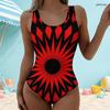 Women Plus Size Scoop Neck Wide Straps High Cut One Piece Swimsuit Red Black Printed