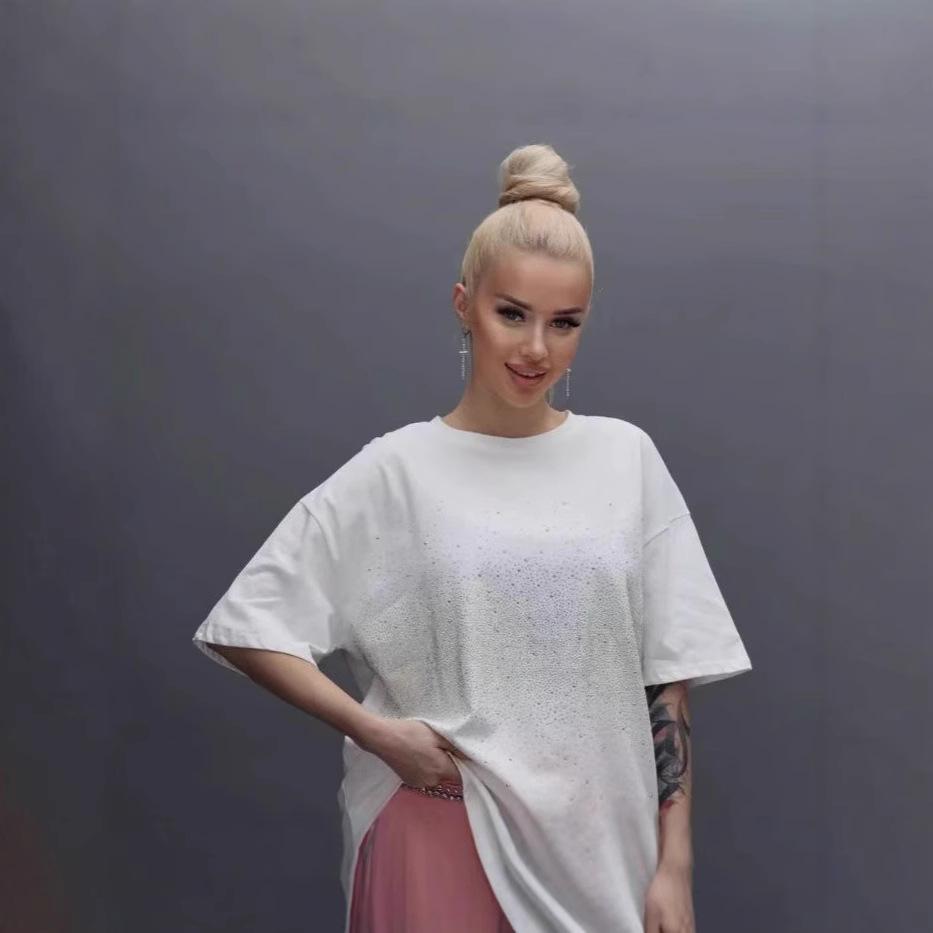 Summer 100% Cotton solid hot fix T-shirts Women Harajuku Oversized Short Sleeve black Y2k Tops Streetwear Casual T Shirt Female