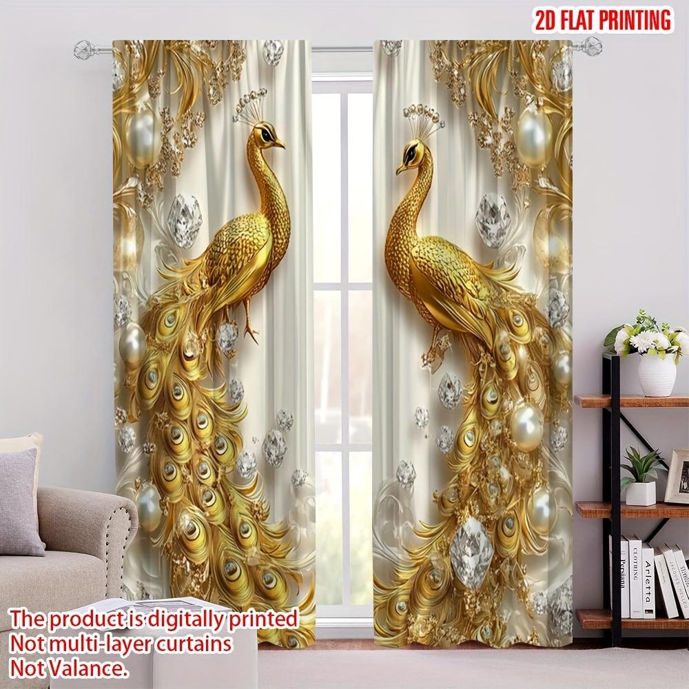 2Pcs Polyester Golden Peacock Printing Window Curtains Birthday Party Decoration Backdrop Drapes for Living Room