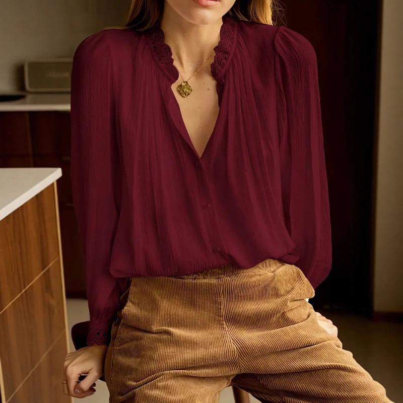 JKASHDK Women's Fashion Casual Spring Autumn Solid Color Print Long Sleeve V-Neck Blouses & Shirts