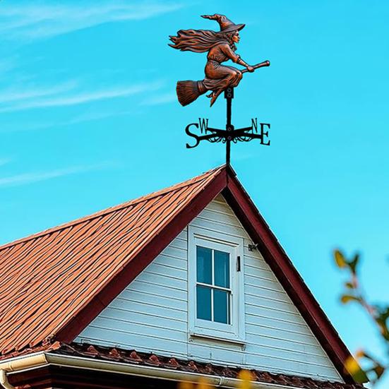 Čarodějnická větrná korouhvička Halloween Létající čarodějnice Větrná korouhvička s držákem na střechu Kovový ukazatel směru pro venkovní dekoraci farmy, dvora, zahrady