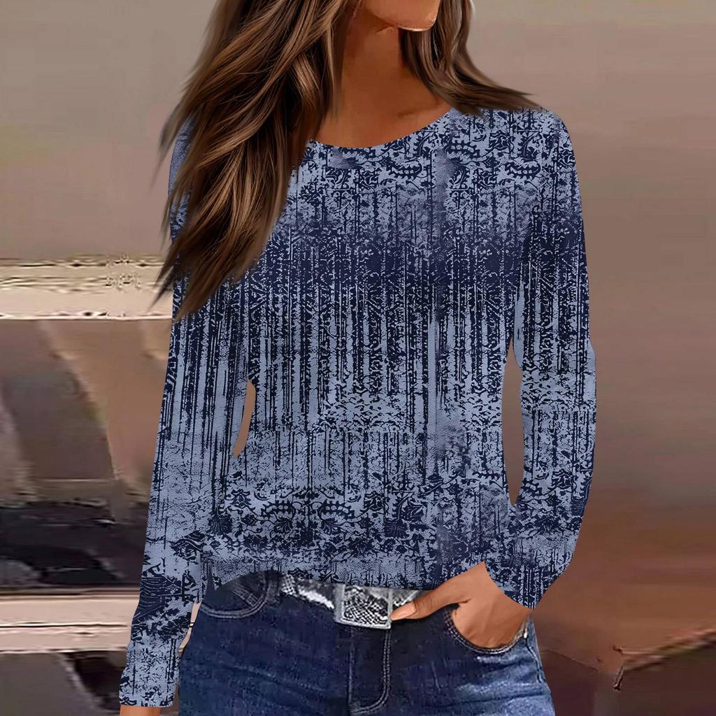 Dames casual T-shirt met split aan de zoom, ronde hals, lange mouwen en losse print.