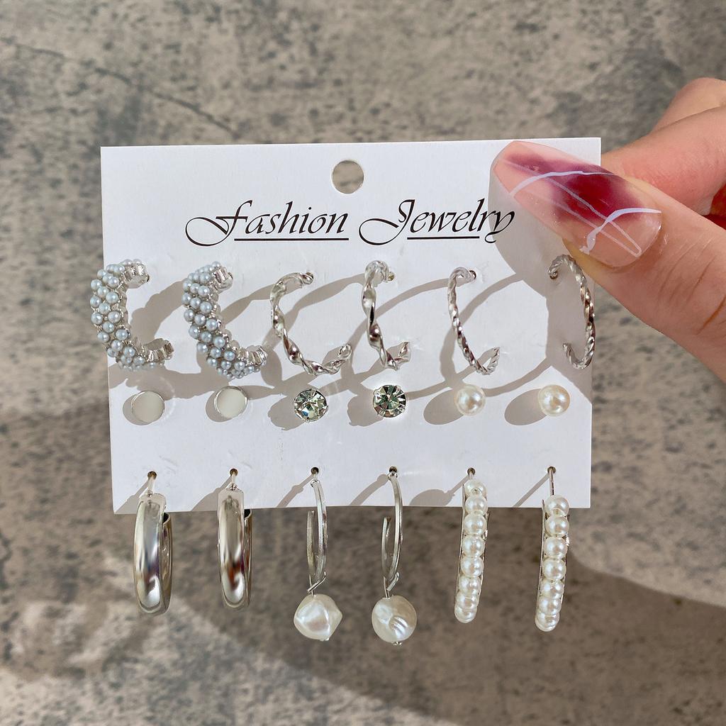 18pcs Bohemian Heart Floral Earring Sets for Women Silver Color Faux Pearl Zircon Geometric C Shape Earrings Daily Wear Jewelry