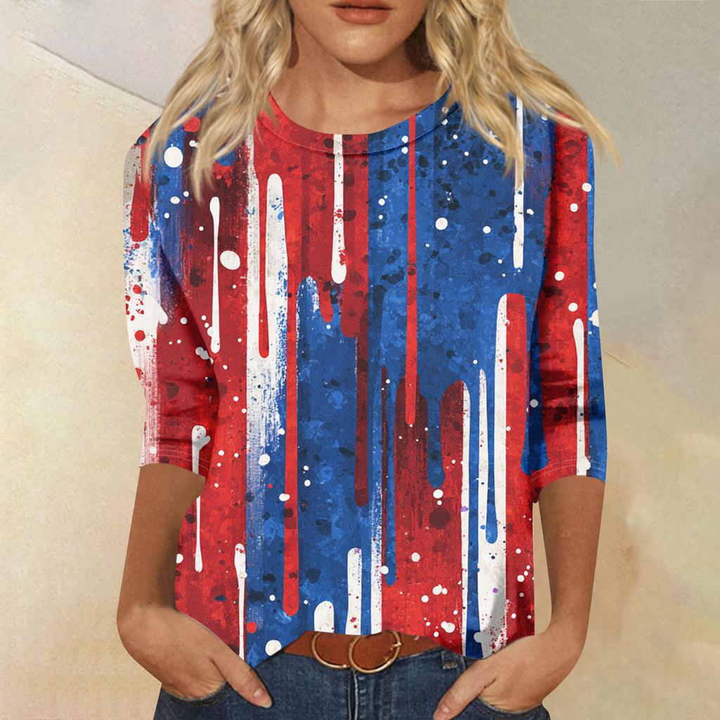 Women's Fashion Casual Seven-Sleeve Independence Day Print Round Neck Top