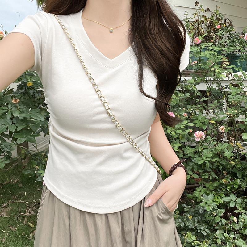 Plain Cotton Short Sleeve T Shirt With Pleated Detail For Casual Wear