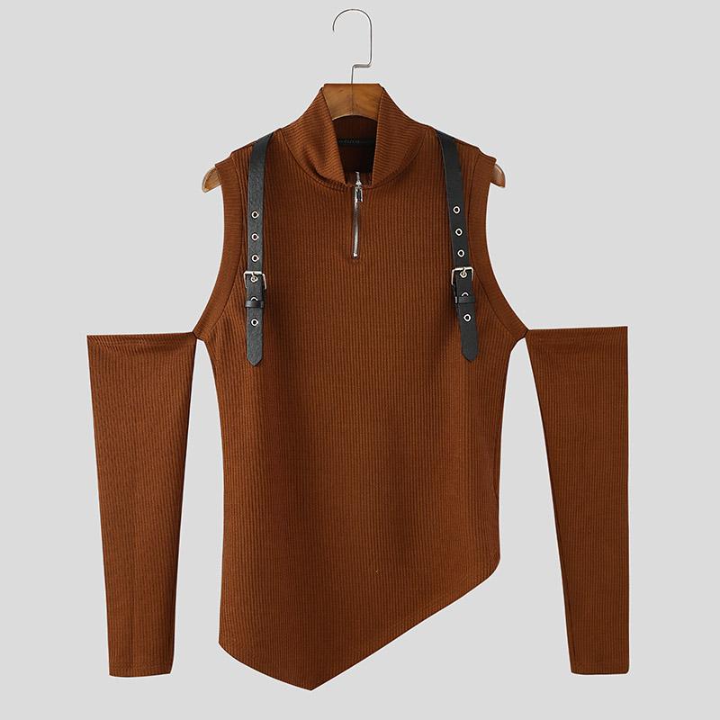 INCERUN Maglietta casual attillata irregolare con collo alto e spalle scoperte da uomo, con cerniera