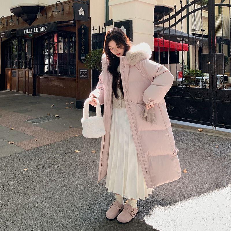 

Несезонная куртка с пуховиком, женская новинка 2024 года, большой меховой воротник, куртка средней длины, утолщенное теплое хлопковое пальто, зимнее пальто XXXL розовый