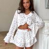 European and American wholesale women's clothing ruffle leaf edge printing long-sleeved shorts set for women's pure desire for wind, comfortable and 
