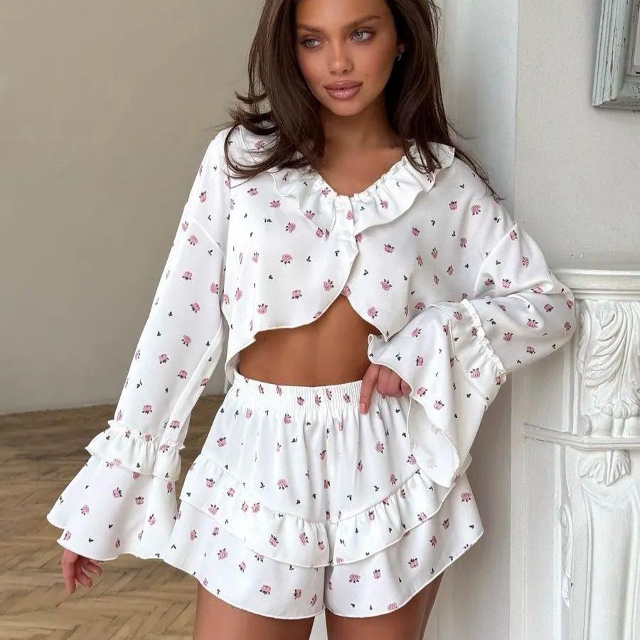 European and American wholesale women's clothing ruffle leaf edge printing long-sleeved shorts set for women's pure desire for wind, comfortable and 