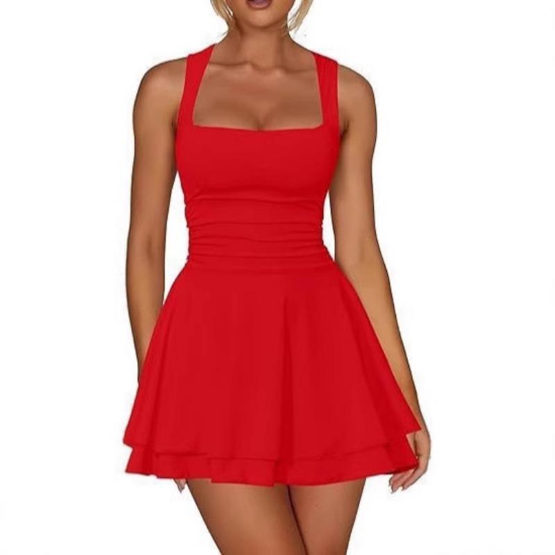 Fashion Sexy Square Collar Slim Waist Sleeveless Short Dress Women Elegant Solid Color Pleated A-line Party Mini Short Dress Casual Simple Clothing