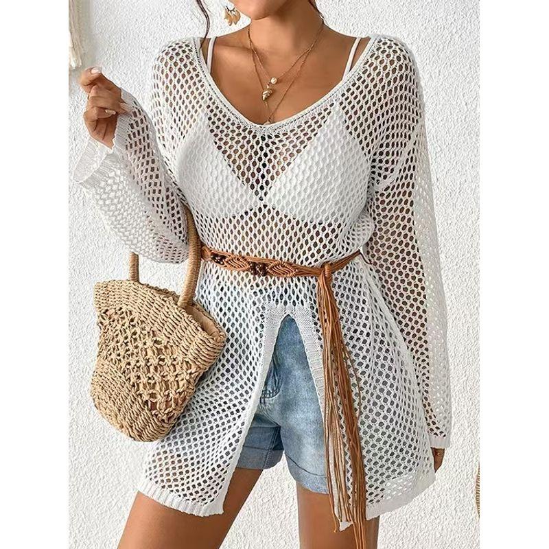 European and American Sexy Hollow Knitted Cover up Long sleeve dress Sexy Hollow Loose Beach Skirt