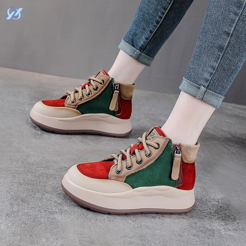 Autumn and Winter New Leather Platform Martin Women's British Style Color Matching Casual Shoes First Layer Cowhide Low-top Short