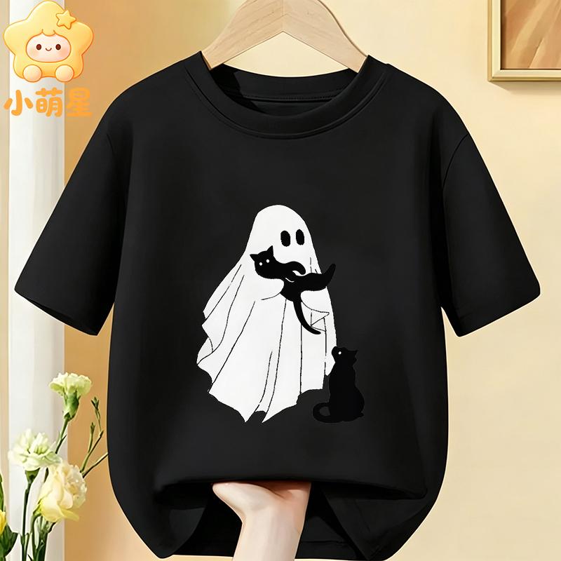 Cotton Kids Halloween T‑Shirt Adorable Ghost Riding Bike Flower Basket Bat Star Holiday Print Short Sleeve O‑Neck Children Tees