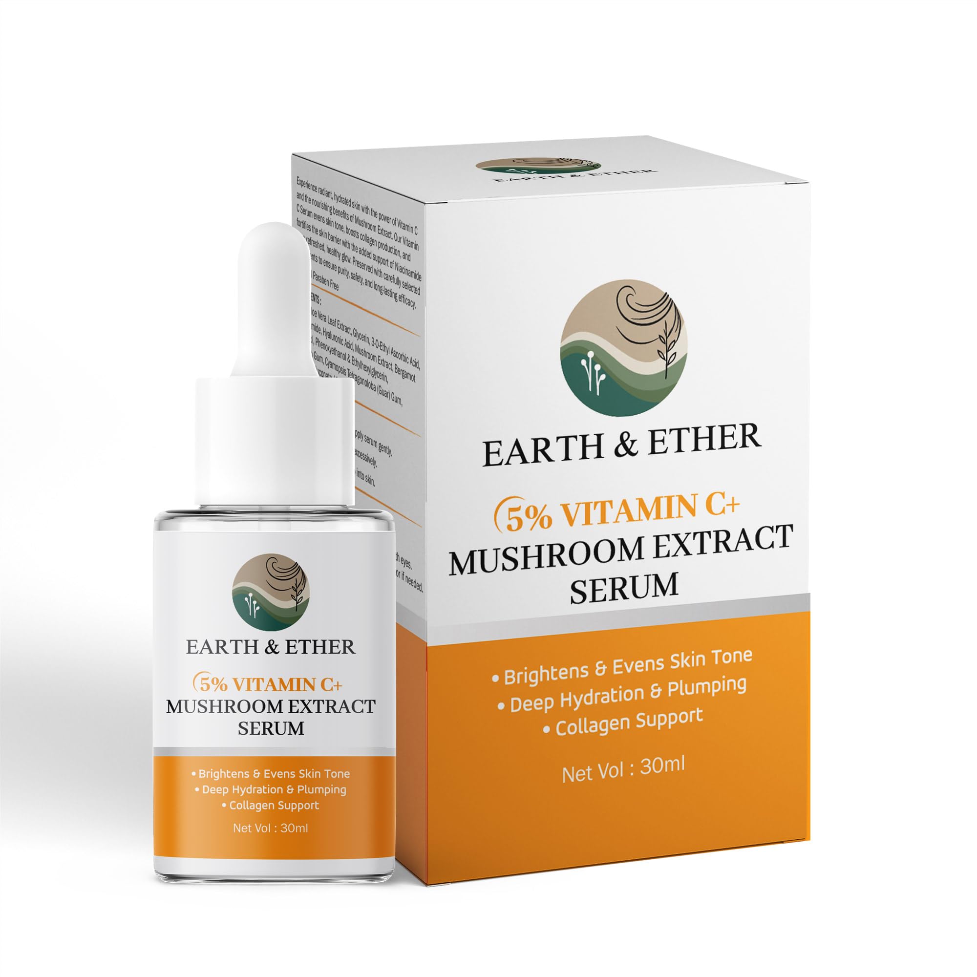 Earth & Ether 5% Vitamin C Serum with Mushroom Extract, 30ML
