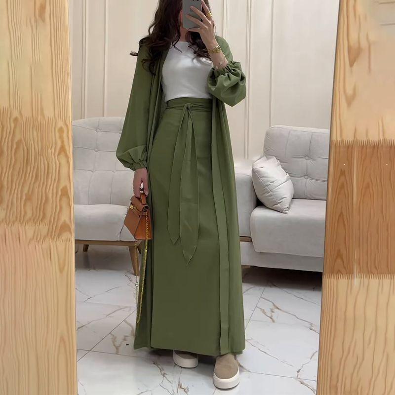 

2025 Spring New European and American Amazon Foreign Trade Cross-Border V-neck Long sleeve Fashion Casual Half-Length Long dress Two-piece Set OLIVE L