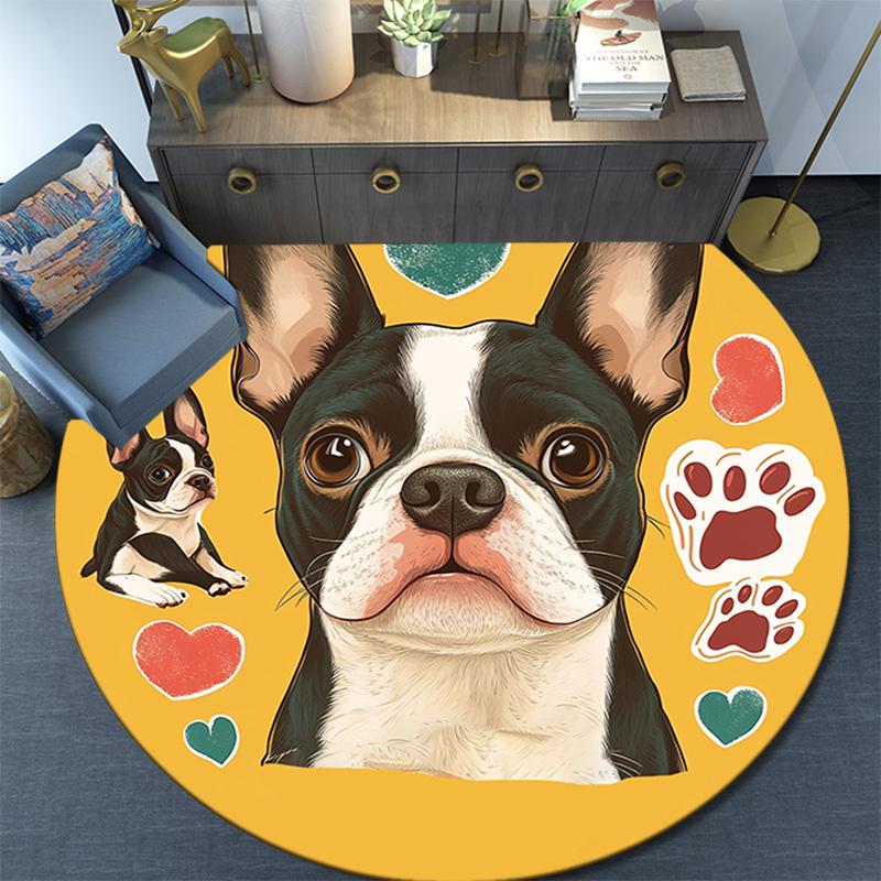 Okrągły dywanik z buldogiem francuskim, Dywanik do salonu, sypialni, przy sofie, pokoju zabaw, Mata podłogowa antypoślizgowa
