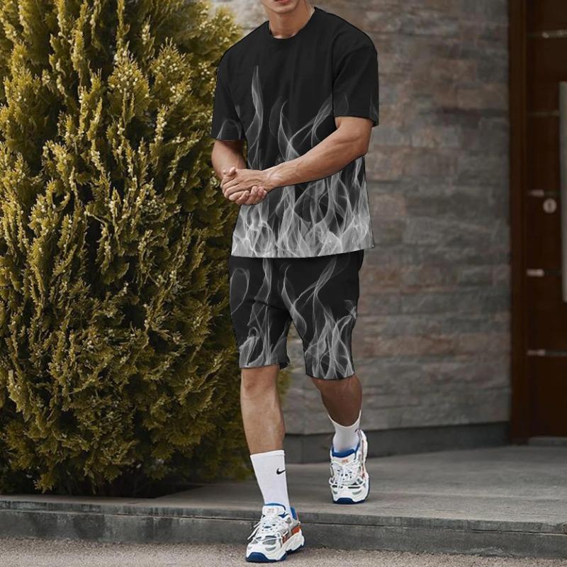 Summer New Men's Short Sleeved Shorts T-shirt Set with 3D Printed Flame Pattern Casual T-shirt Set with Fashionable Sweatshirt