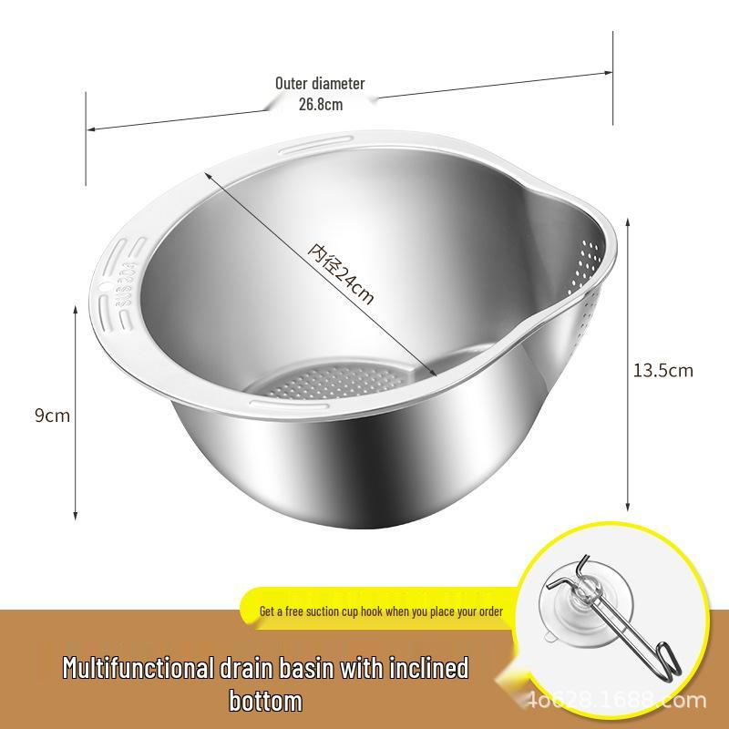 304 Food Grade Stainless Steel Multi-Purpose Basin for Rice, Vegetables & Fruits with Punching Sieve and Slanted Bottom