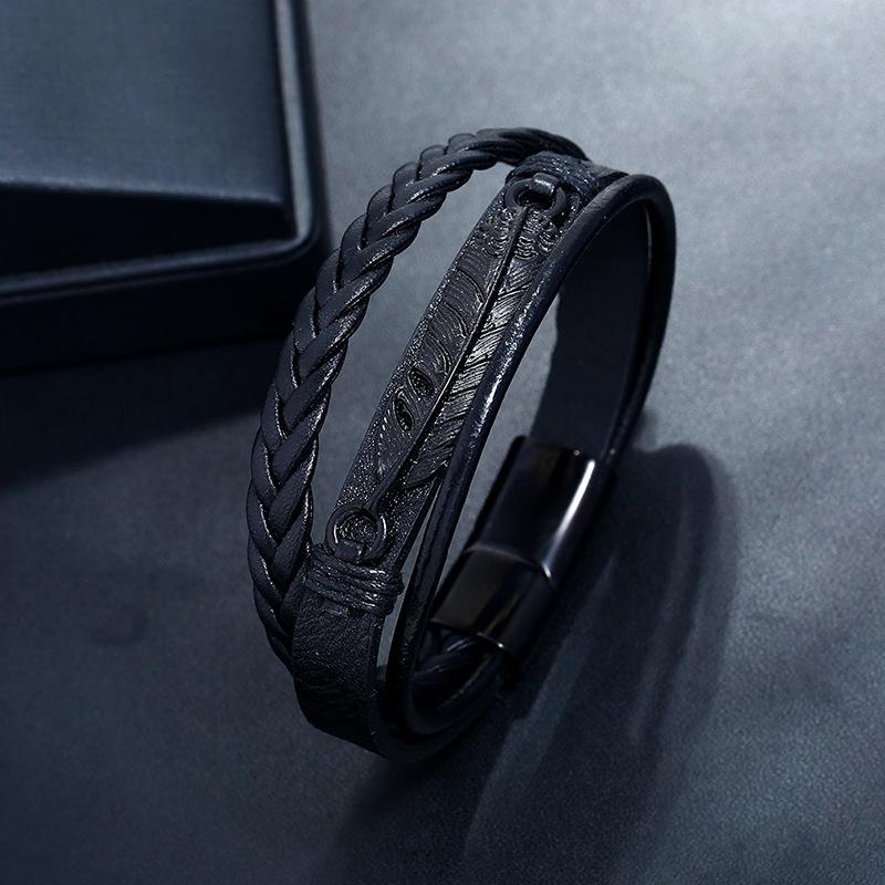 Stainless Steel Clasp Leather Braid Charm Feather Bracelet Fashion Bracelets for Men and Women