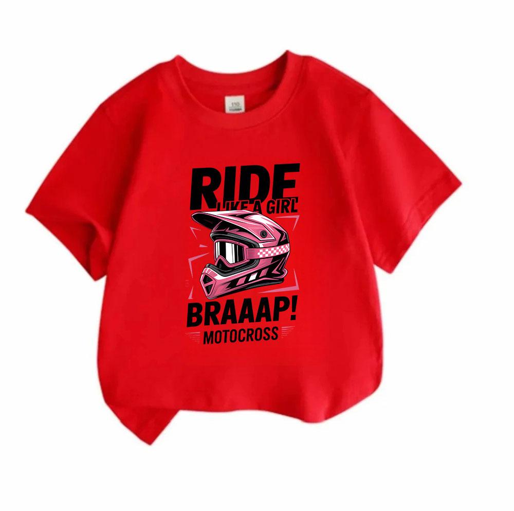 Kids Boys Girls 100% Cotton Crew Neck Short Sleeve T-Shirt, Funny Ride Like A Girl Braaap Motocross Dirt Bike Graphic Casual Tee Top For Youth