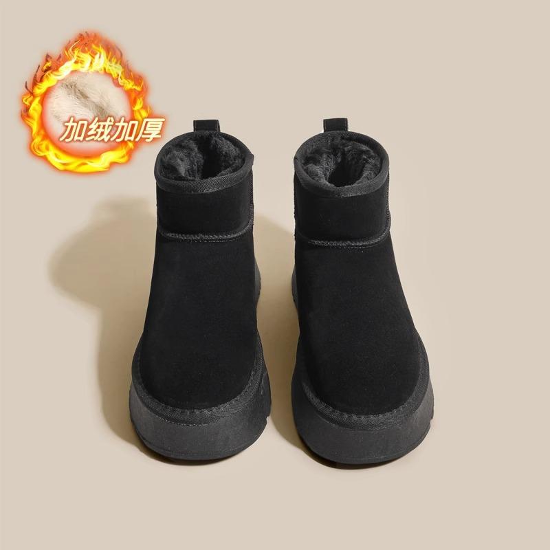 Snow Boots Women's 2025 New Winter Velvet Thickened Short Boots Leather Non-slip Bread Warm Platform Cotton Shoes