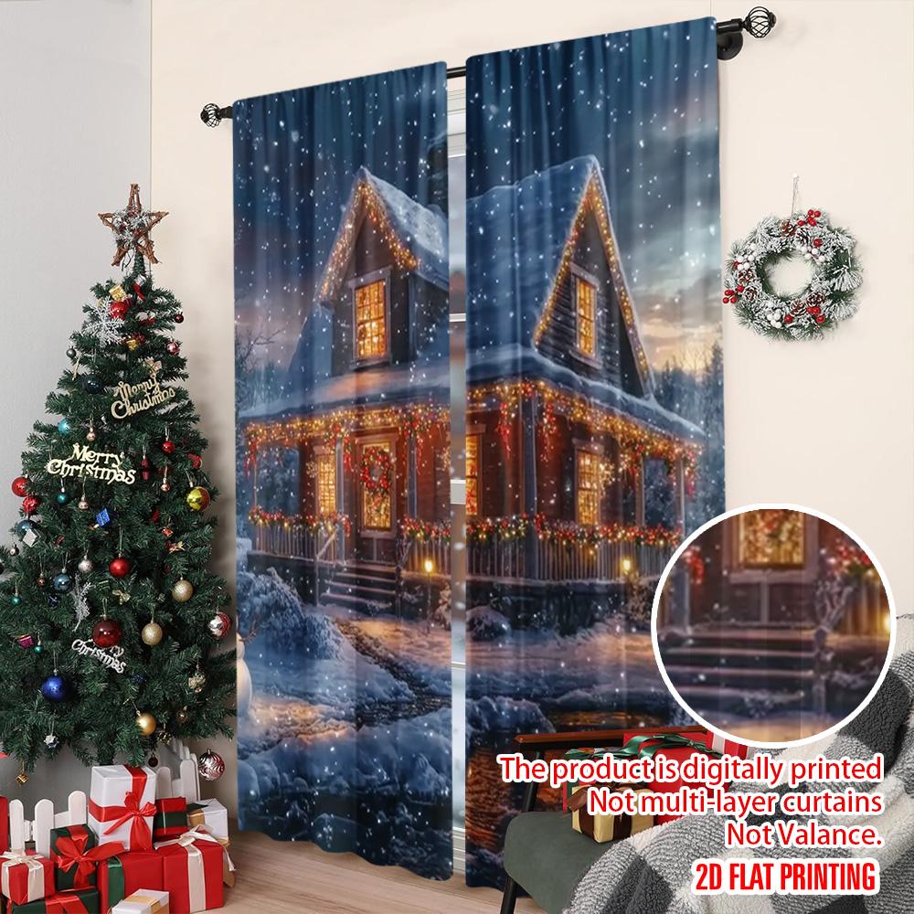 2pcs 2D flat printing Merry Christmas Curtain Christmas Lodge with Snowman Scenery Versatile 100% Polyester Without Electricity