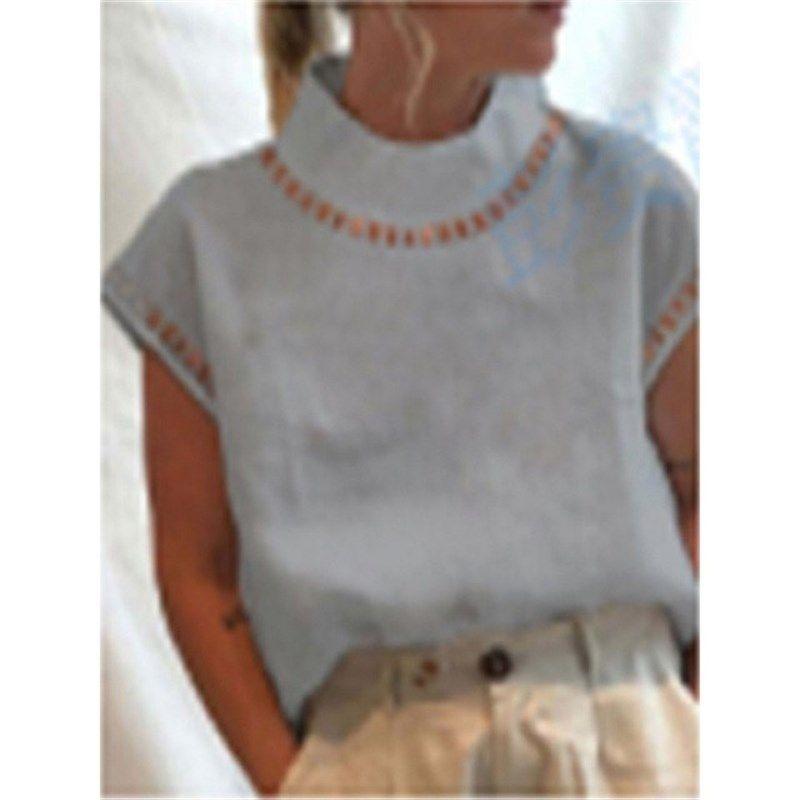 

Womens Cotton Linen Shirts Stand Collar Short Sleeve Blouses 01 2XL