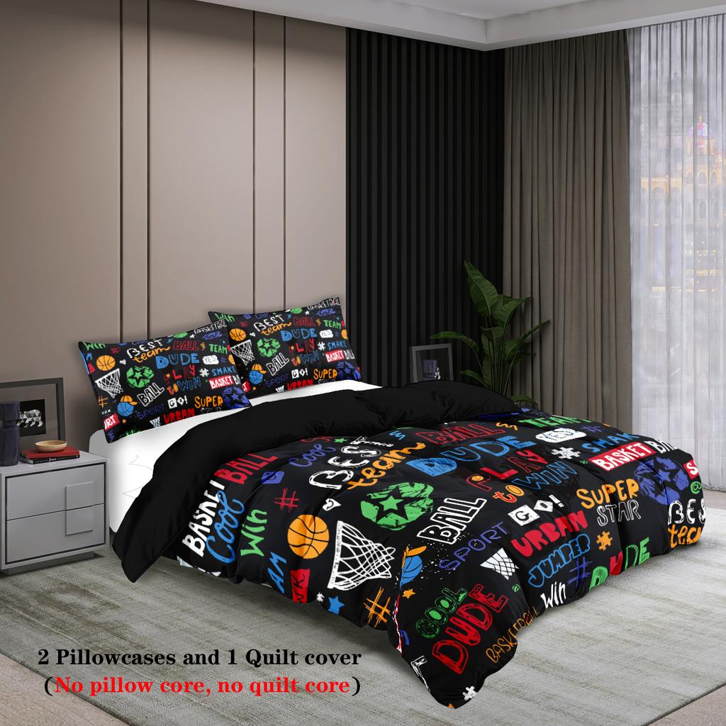 3-piece set, cartoon basketball pattern printed duvet set, queen, king, double bed, party  funny and creative bedding set