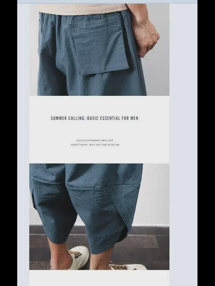 Men's Loose Fit 7-Point Linen Beach Pants - Thai Wide Leg, Casual Chinese Style Harem Pants Trends