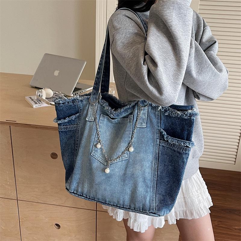 Korean Retro Denim Tote - Large Capacity, Casual, Comfortable, Wear-Resistant, Versatile Single Shoulder Bag