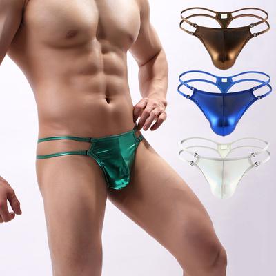 Men Faux Leather Thong Low-rise Thin Straps Hollow Out Briefs U-convex Solid Color