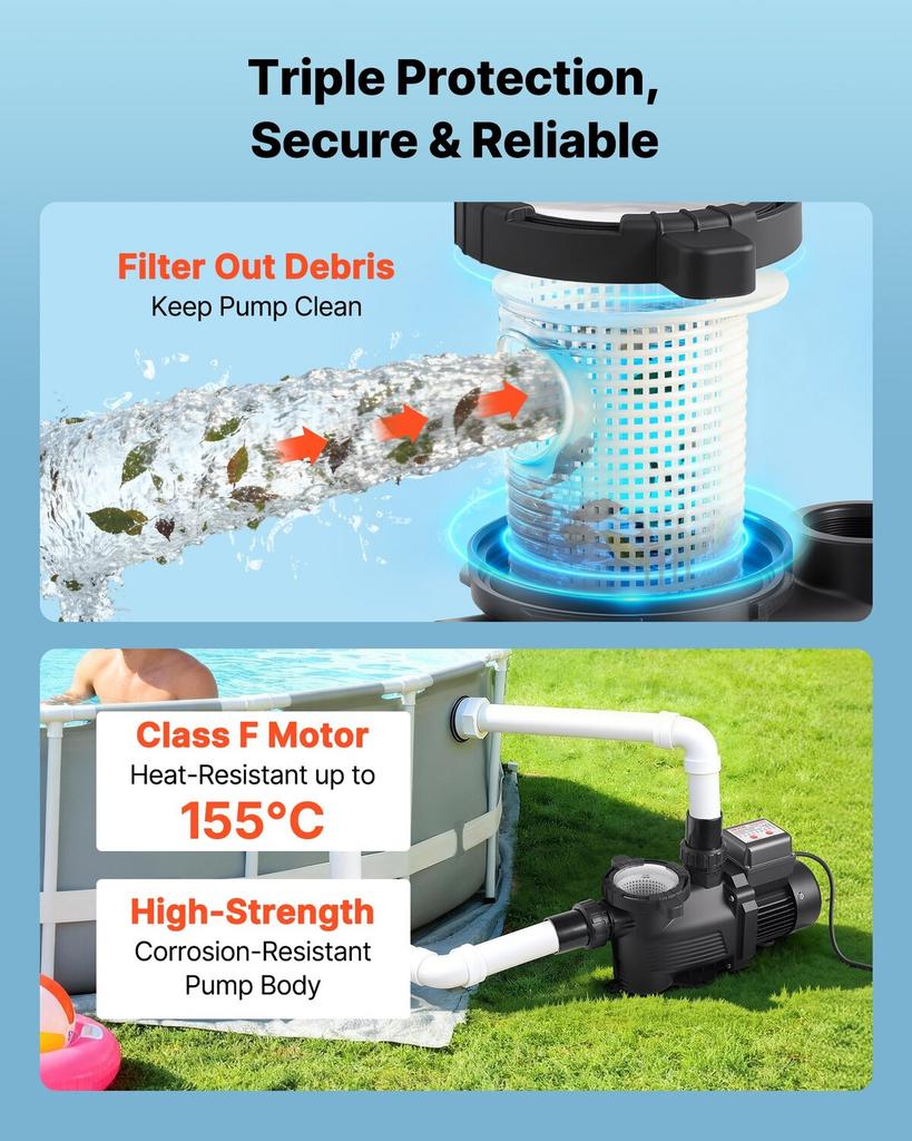 Zwembadpomp, 400W, 11.100 L/U Max. Debiet Enkele Snelheid Zwembadpomp, AC 220-240V, 3450 RPM, 10 m Max. Opvoerhoogte, met 24-Uurs Timer & Filtermand, voor