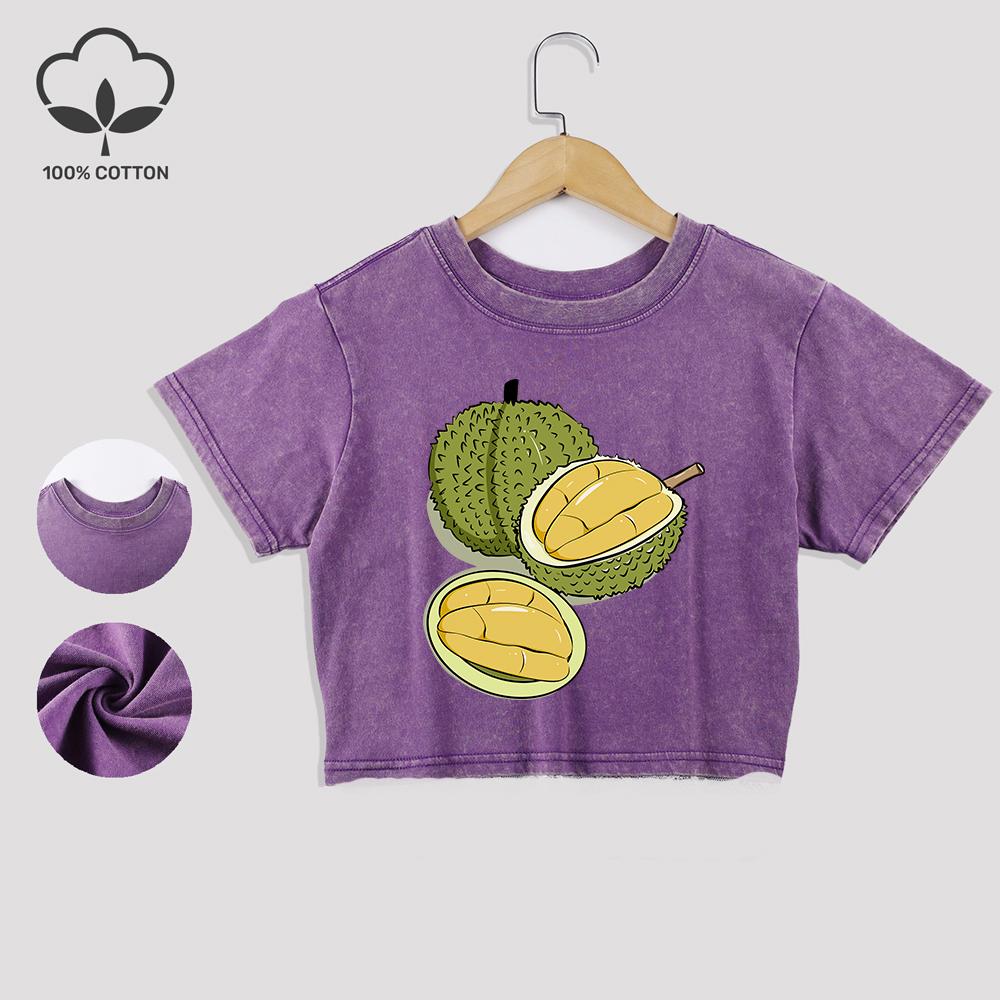 Lahodné bavlněné crop tričko s potiskem durianu, módní letní tričko s krajkovým lemem, prané tričko s běžným střihem a distressed úpravou, ležérní oblečení