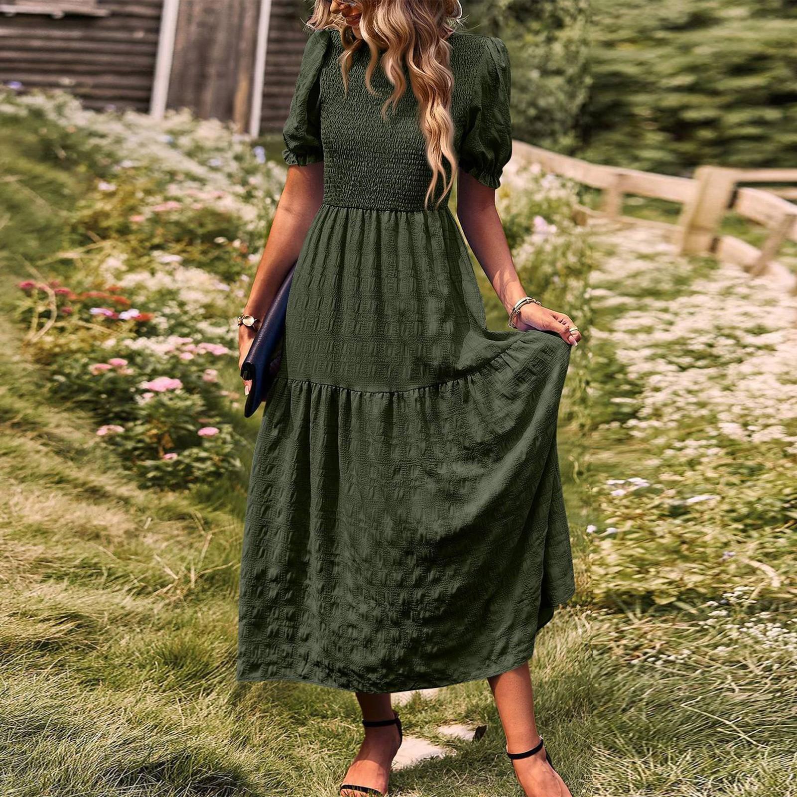 

Women s Fashion Summer Round Neck Short Sleeved Casual Vacation Dress L армія зелений колір