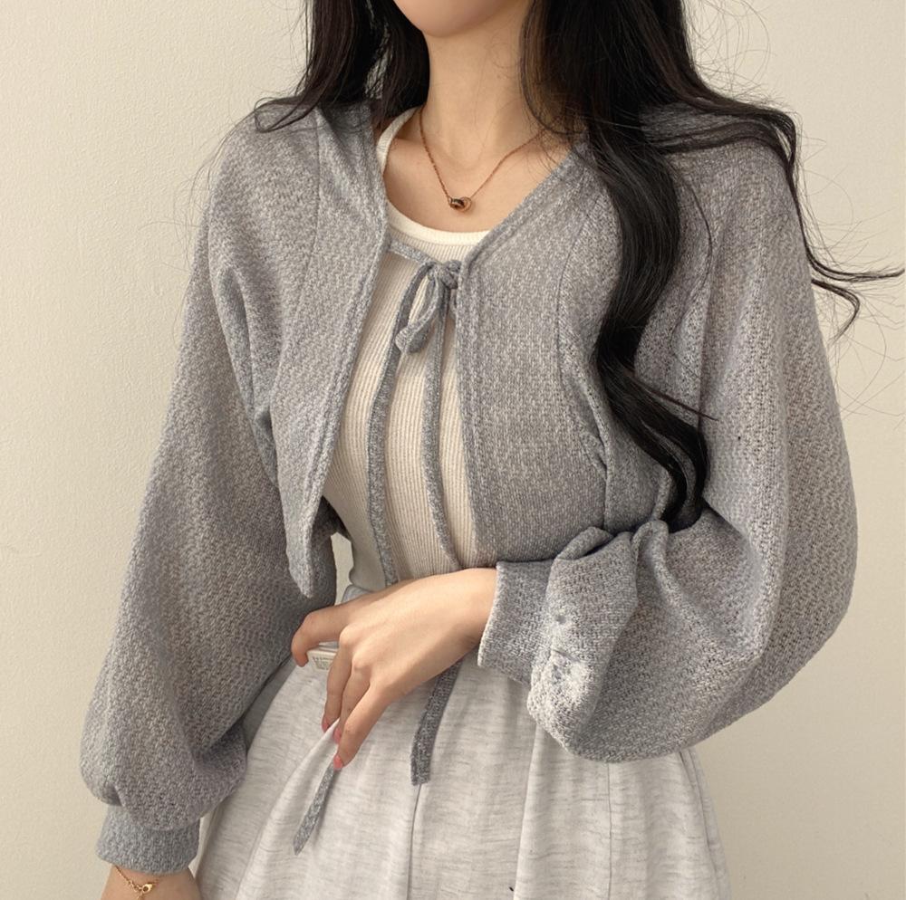 White Knitted Cardigan Women Thin Sunscreen Lace-Up Knitwear Tops Female Korean Style Lantern Sleeve Short Coat
