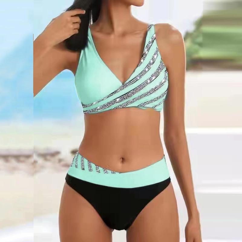 

High Waist Rhinestone Bikini Set V Neck Push Up Sexy Color Block Two Piece Swimsuit Beach Vacation Bathing Suit Swimwear 3XL світло-зелений колір