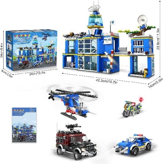HOGOKIDS City Police Station Building Set - 1260 PCS Police Building Block Toys with Helicopter Motorcycle Police Vehicle Bandit Car, STEM Police