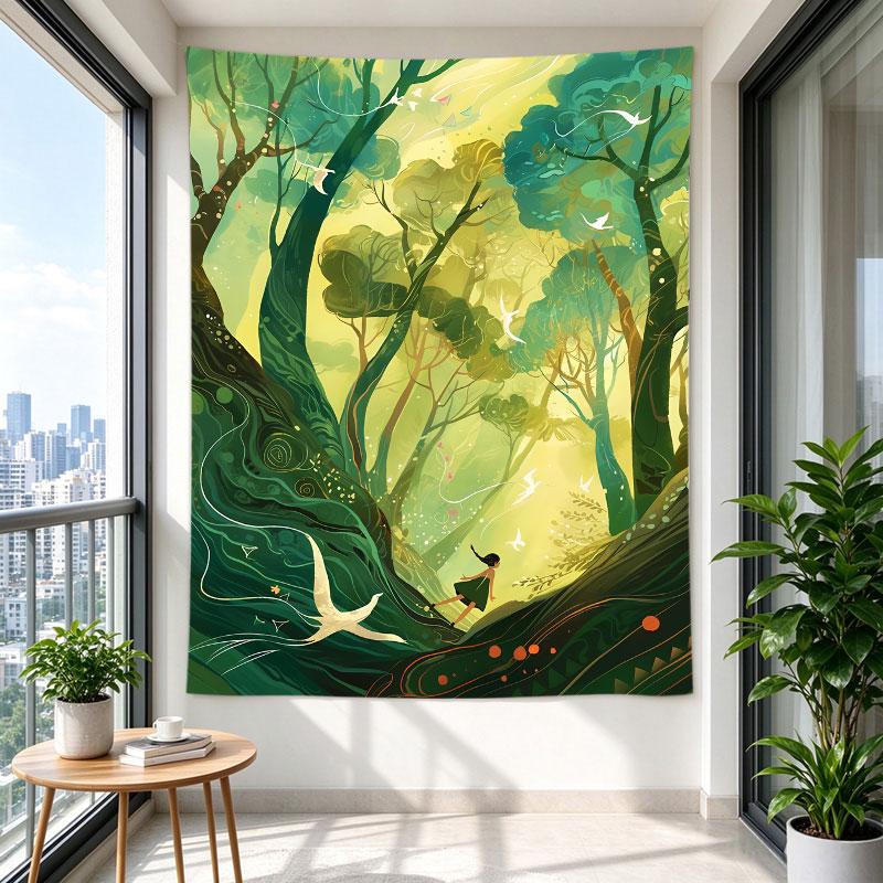 Girl Running Enchanted Forest Birds Green Fairytale Illustration Art