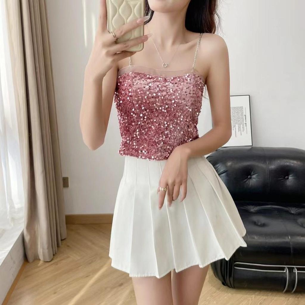 Pure Desire Sexy Glitter Sequins Small Camisole, Summer New French Sweet and Spicy Undershirt Inside, Short Section Thin Camisole