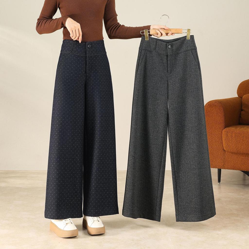 Women's Gray Wool High-Waisted Wide-Leg Floral Pants - Winter Casual, Thickened, Loose, Slimming, Versatile