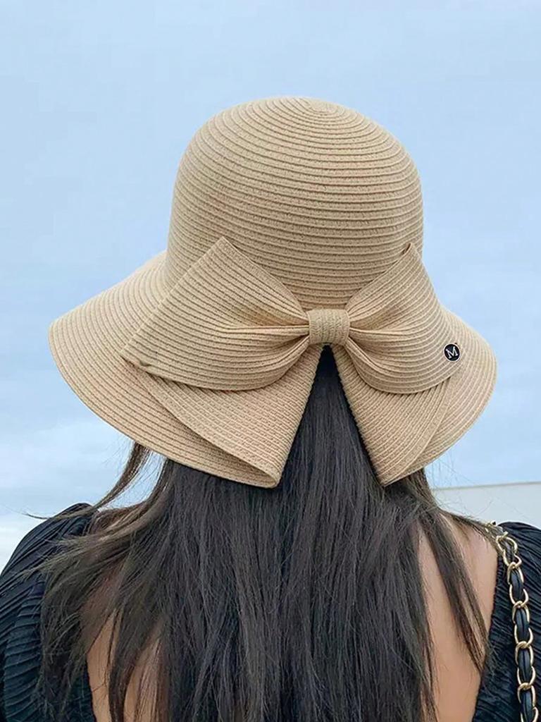 1pc Women Straw Hat With Bowknot & Wide Brim For Spring/Summer Beach Outings, Outdoor New Fashion Sun Protection Hat
