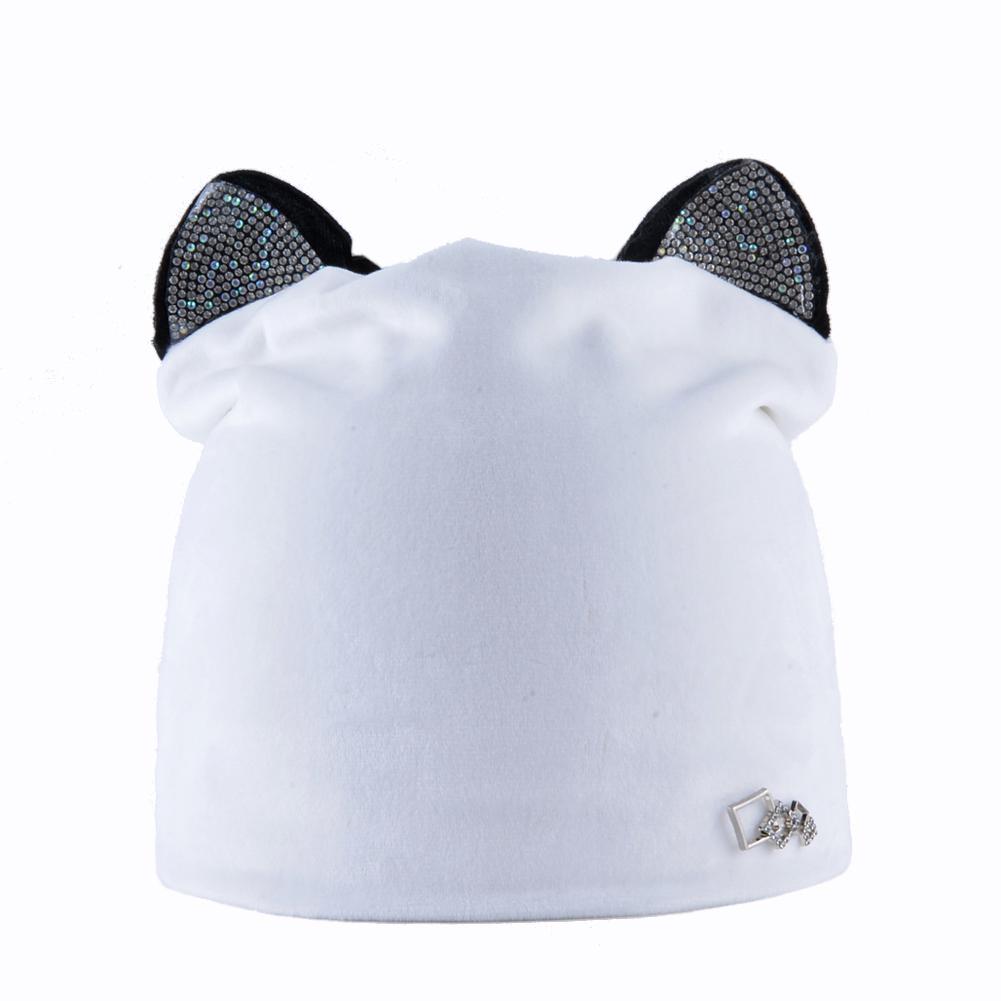 

Autumn Winter Women s Beanies Cat Ear Hat Ladies Warm Velvet Beanie With Flashing Rhinestone Ears 55-58CM білий