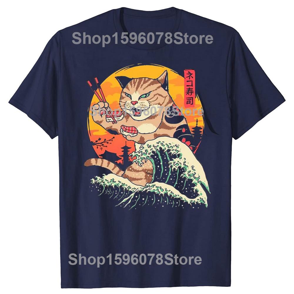 Funny Cat Eating Sushi Graphic T Shirts Men Women Pure Cotton Humor Streetwear Tee Shirt Short Sleeve Unisex Loose Clothing