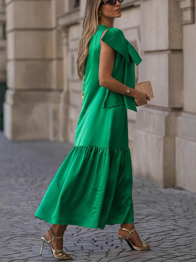 Women's Sleeveless Green Maxi Dress with Asymmetric Bow Tie Detail and Flared Hem