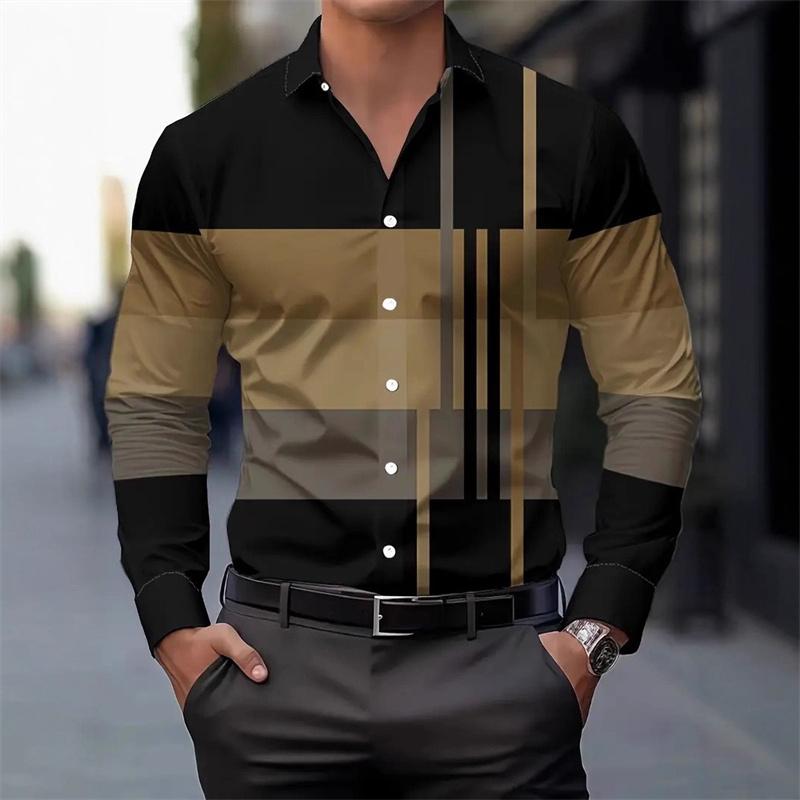 Men's Color-blocked Striped Patchwork Long-sleeved Shirt, Unique Geometric Pattern Slim Fit Shirt, Stylish Men's Top, S-6XL.