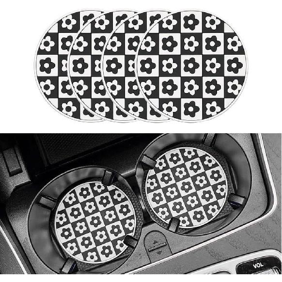 Car Coasters for Cup Holder Silicone, Car Cup Holder Coasters Pack of 2, Fashion Black White Checkerboard Gird