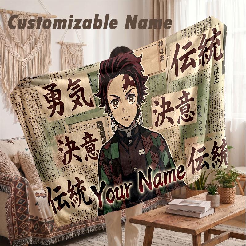 Custom Name Flannel Blanket,Demon Slayer Lightweight Warm Bed Blanket For Couch & Holiday Gift