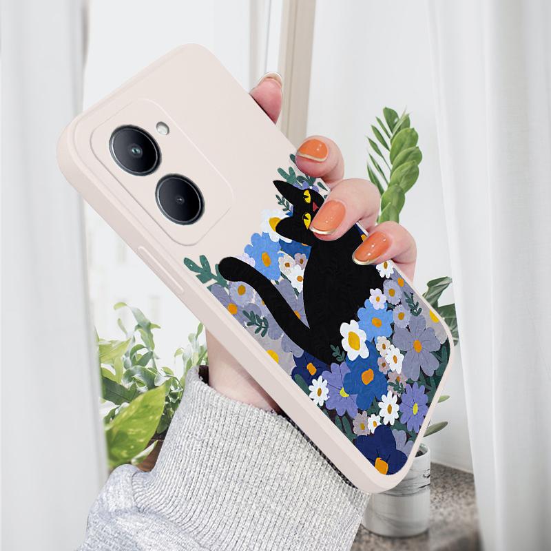 

Модный чехол для телефона с черным котом для iPhone 15, 14, 13, 12, 11, Samsung Galaxy S23 S22 A52 A52S, мягкие квадратные жидкие силиконовые чехлы с полной защитой iPhone 13 Mini белый