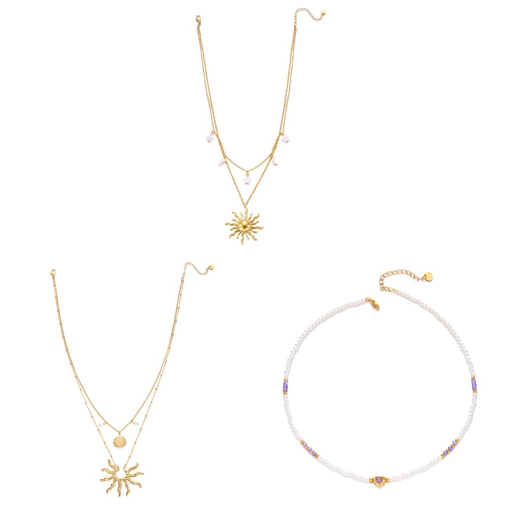 Ensemble de colliers géométriques en acier inoxydable avec cœur en perle et soleil creux pour un style vacances d'été