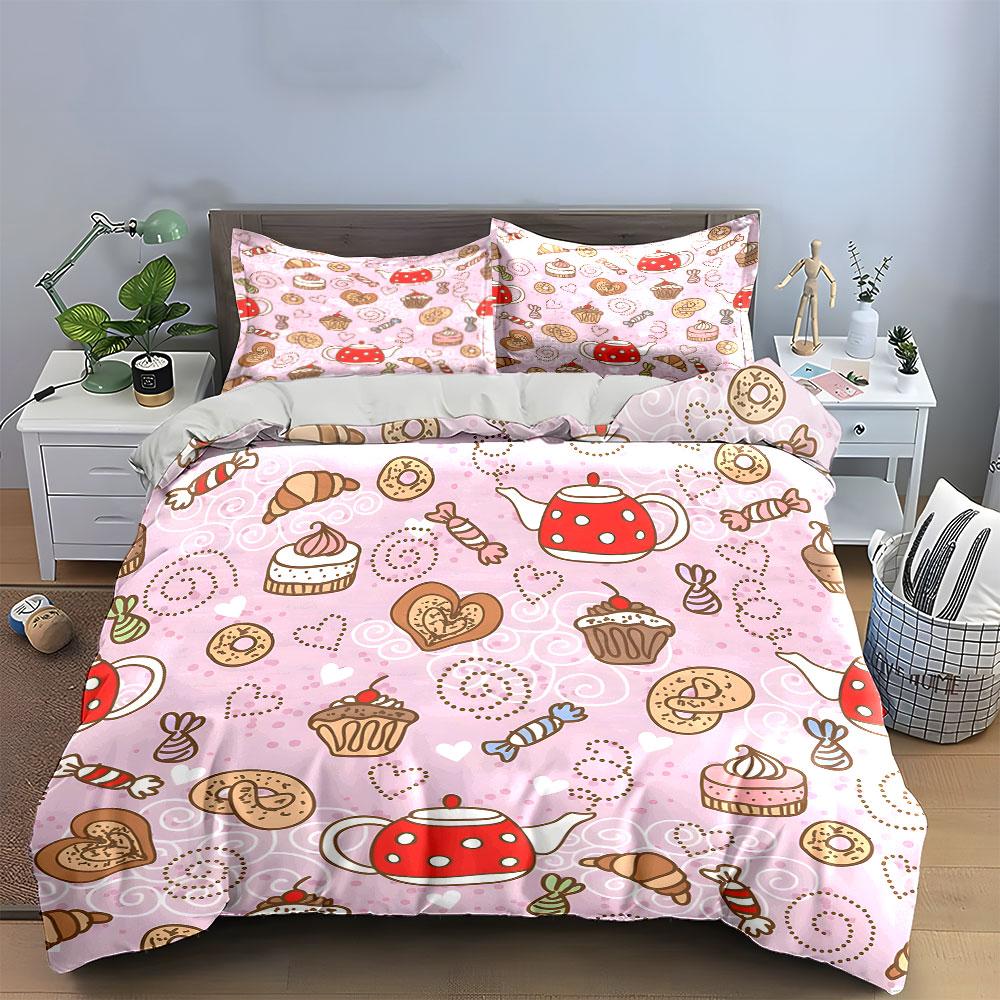 Tea and Sweets Pink Pattern Bedding Duvet Cover Set (1*Duvet Cover 2*Pillowcases, Without Duvet Insert)
